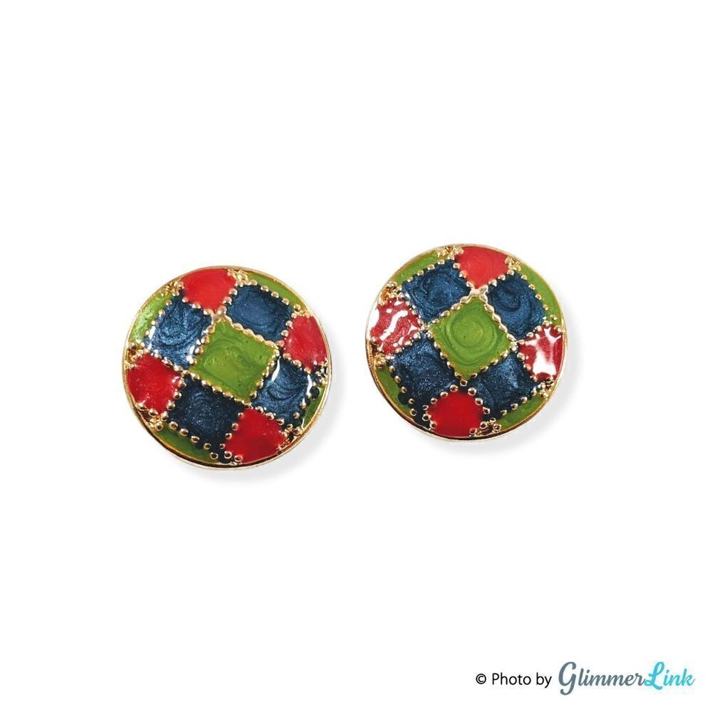 Vintage 80s Geometric Round Checkered Quilt Enamel Gold Tone Clip On Earrings